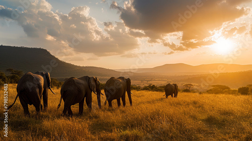 Golden Guardians  African Elephants Roaming the Savanna at Sunset