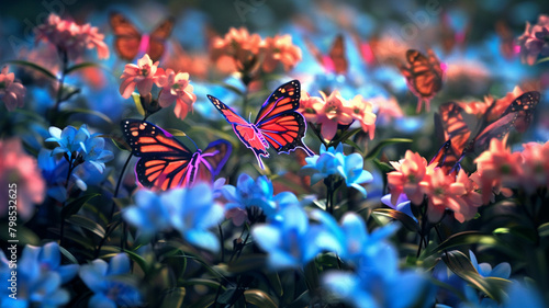 Neon butterflies fluttering amidst a field of vibrant blue and pink flowers, adding a touch of whimsy to the natural landscape