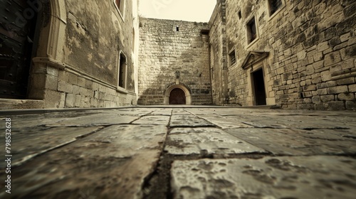 The narrow alley way is lined with old stone walls, leading the eye to a historic stone building in the background. The scene is reminiscent of old European streets.