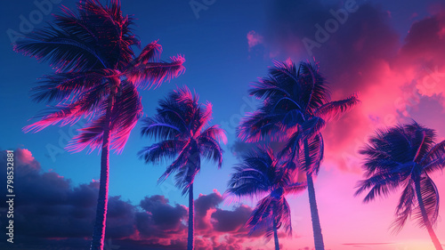  Neon palm trees swaying in the breeze against a backdrop of deep blue and pink twilight, transporting viewers to a tropical paradise