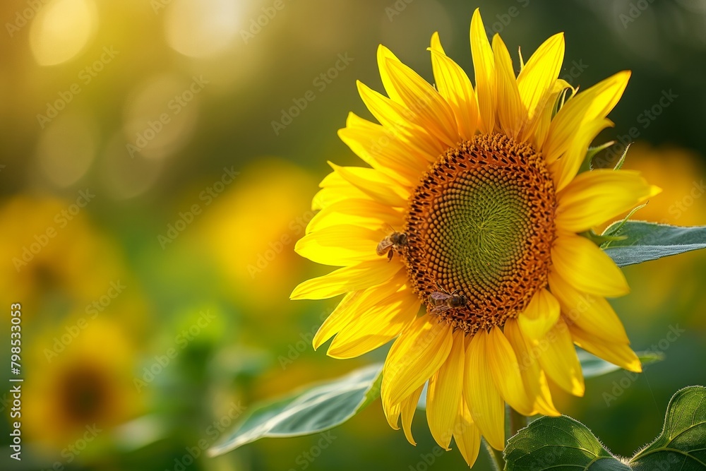 Macro shot of a blooming sunflower with bees. Copy space for text. Summertime. Concept: nature, insects. Bee day, 20 may. Macro shot of a blooming sunflower with bees. Copy space for text. Summertime. Concept: nature, insects. Bee day, 20 may.
