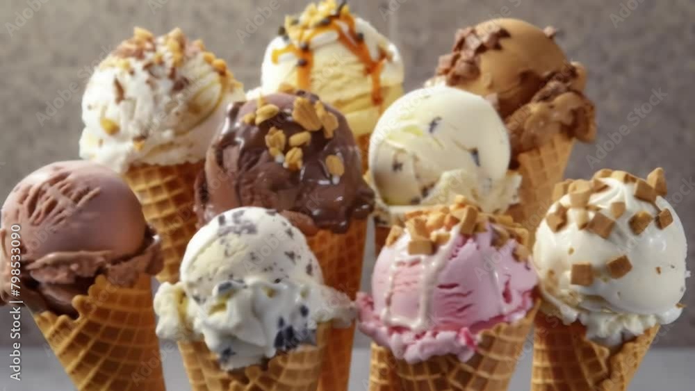 Assortment of ice cream cones bursts with diverse flavors and toppings. Chocolate, vanilla, strawberry, and more explode in a colorful, dynamic frozen treat display. Assortment of ice cream cones bursts with diverse flavors and toppings. Chocolate, vanilla, strawberry, and more explode in a colorful, dynamic frozen treat display.