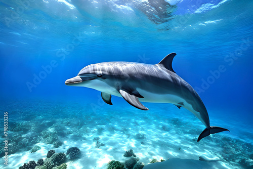 A dolphin is swimming underwater in a deep ocean