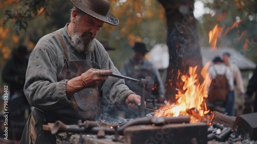 A blacksmith demonstrating traditional ironworking at a historical reenactment photo