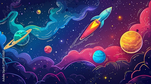 Vibrant Space Exploration, Rocket, Planet and star Illustration wallpaper.