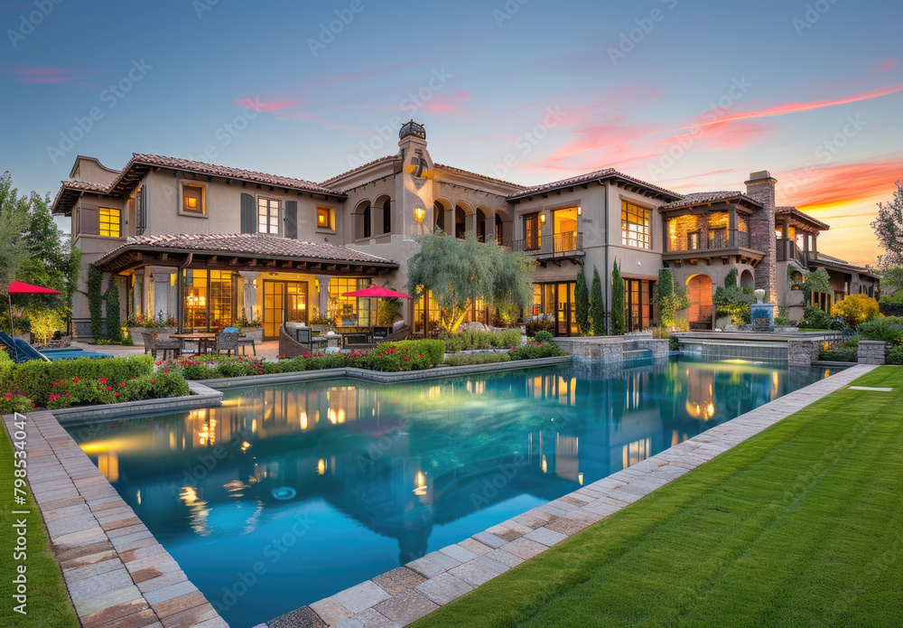 Beautiful home in Arizona with a large backyard, pool and sunset. The house has an exterior color of light brown and features a roof made from wood shingles and red accents on the windows.