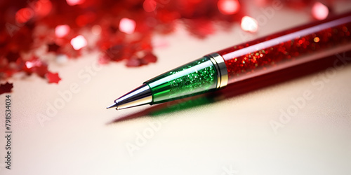 a beautiful red and green crystal capacitive pen on the table looking so nice with its red bokeh background photo