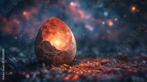 A cracked eggshell with a tiny, vibrant nebula glowing from within.