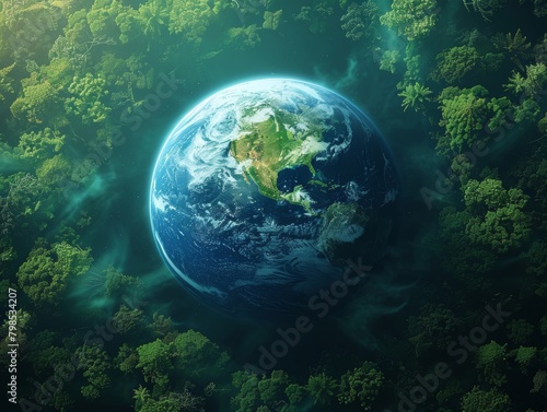 The photo shows the Earth from a perspective in the middle of a jungle