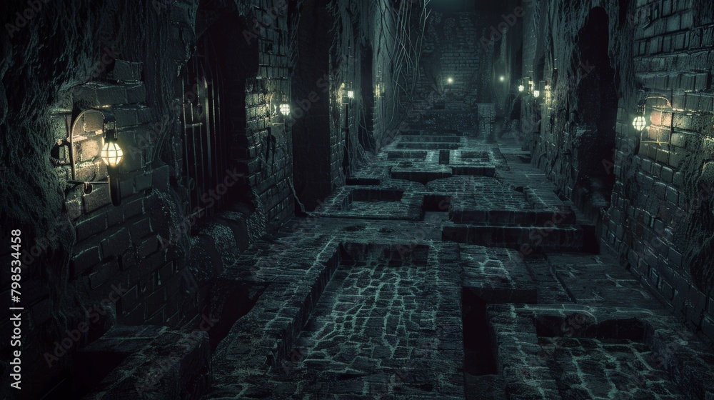 A dark and ominous maze with crumbling brick walls and flickering torches, where the only light comes from glowing technological symbols marking the path. A dark and ominous maze with crumbling brick walls and flickering torches, where the only light comes from glowing technological symbols marking the path.