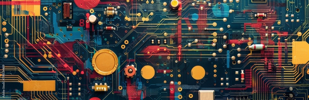 A deconstructed circuit board with only essential components rendered in clean lines and primary colors.  