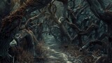 A dark, twisted forest path with gnarled trees forming grotesque shapes and disembodied whispers echoing in the air.  