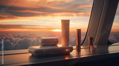 The photo shows a sunset view from an airplane window with amenity kits.