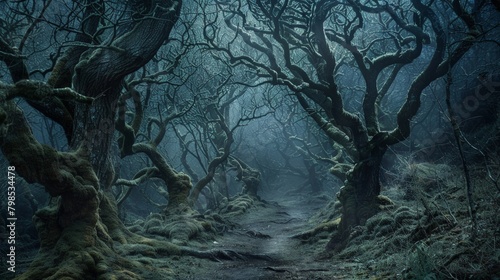 A dark, twisted forest path with gnarled trees forming grotesque shapes and disembodied whispers echoing in the air.   photo