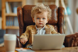Cute toddler boy dressed as a business man sitting in office chair. Small child with a laptop computer on his desk, drinking coffee. Little boss working in his office