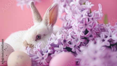 Blooming Lilac Hyacinth Flower Macro with Easter Rabbit and Eggs on Pink Background