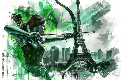 Green watercolor painting of an archery woman by eiffel tower olympic photo