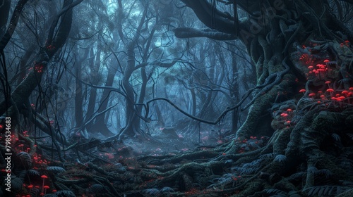 A dense, ancient forest at night, with gnarled branches reaching out like skeletal fingers and glowing red mushrooms on the forest floor. 