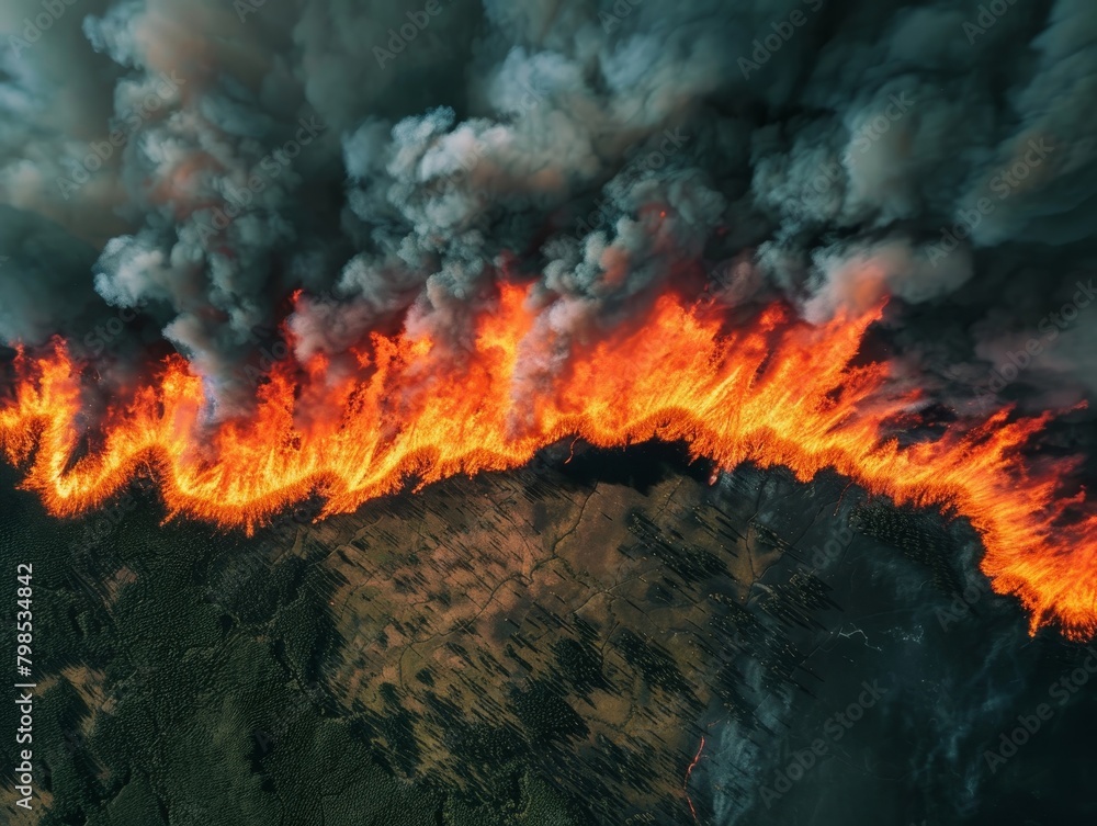 The photo shows a large wildfire burning in a forest The photo shows a large wildfire burning in a forest