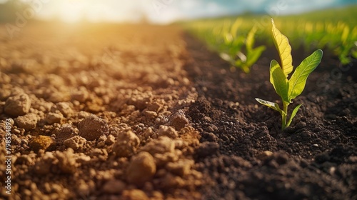The photo shows a close-up of a ploughed field with small green plants just starting to grow photo