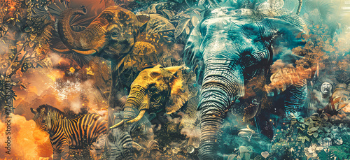 Wildlife concept. Exotic collage banner. Illustration of jungle plants and elephants