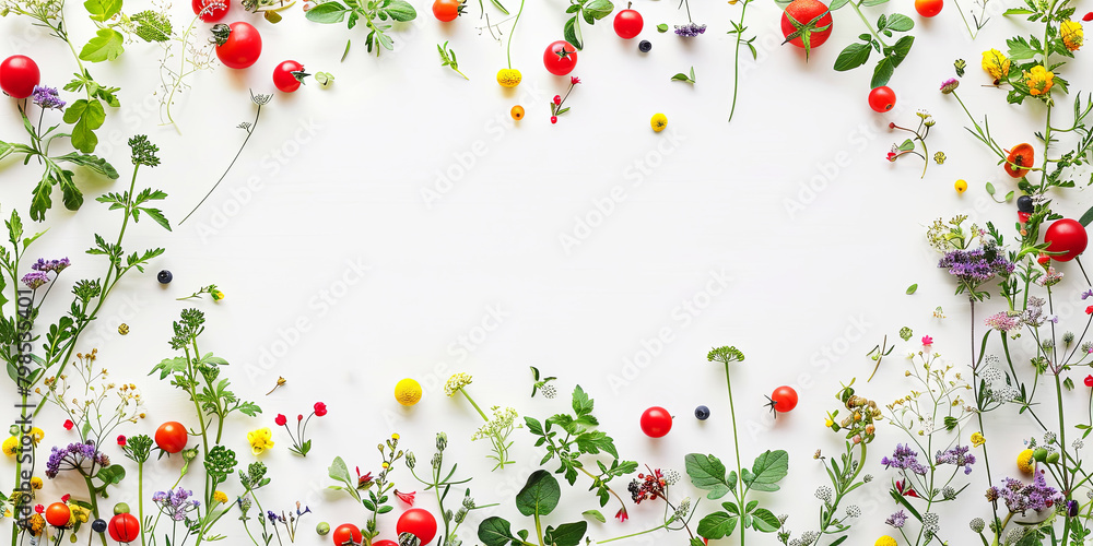 Layout of a small garden made from plants, berries and vegetables . Nature banner with copy space.