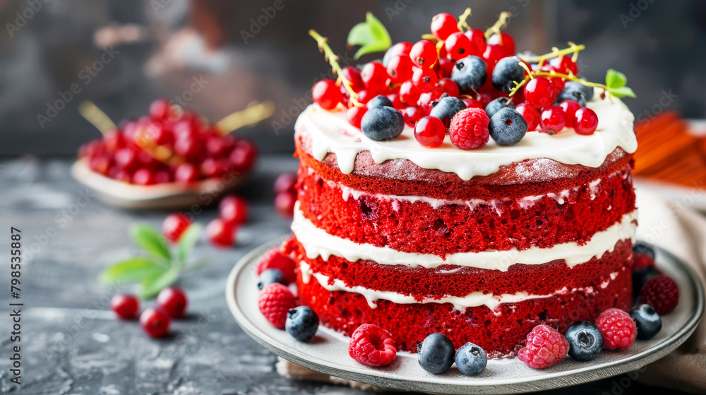 Red Velvet cake with a bright white cream texture, adorned with fresh berries. Birthday desserts.
