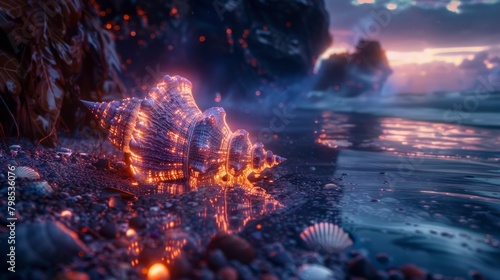 A hidden world contained within a glowing seashell  showcasing fantastical creatures and dreamlike landscapes.  
