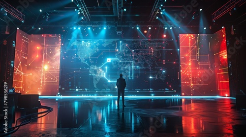 The image shows a large stage with a person standing in the center. The stage is lit by bright lights and there are large screens behind it. photo