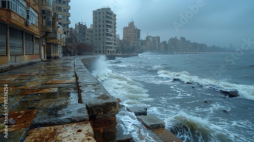 Historic Waterfront of Alexandria, Egypt: Ancient Landmarks Facing Flooding from Mediterranean, Enduring Architecture vs Relentless Sea photo
