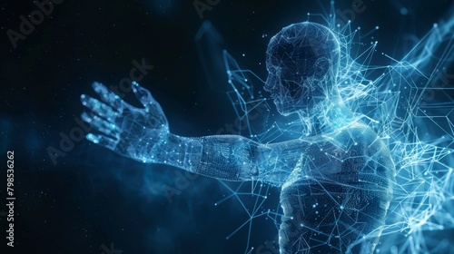 A human figure composed of wireframe lines, interacting with a holographic interface displayed in a similar style. 