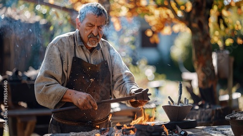 A blacksmith using traditional methods to forge iron in a historic village