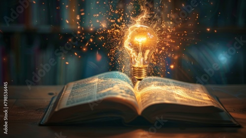 A light bulb emerging from a book, with pages swirling around it like a miniature tornado of knowledge. 