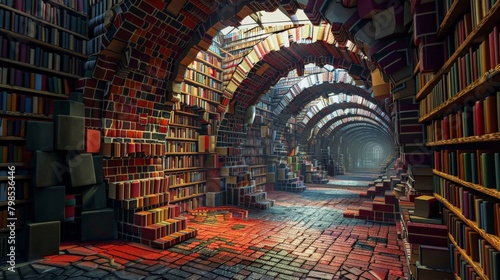 A library built entirely from massive  colorful blocks  each one a portal to a fantastical world or story. 