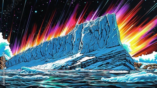 A painting of a large ice block with a rainbow in the sky photo