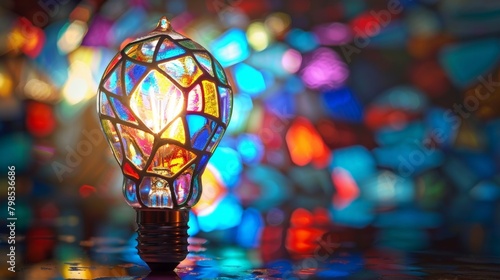 A light bulb made of stained glass, casting colorful beams of light that morph into creative symbols. 