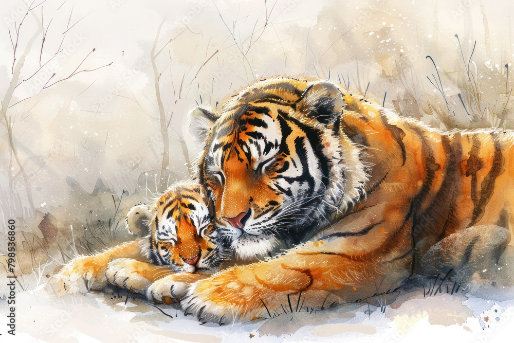Obraz premium water color of tiger family in a nature, illustration painting.