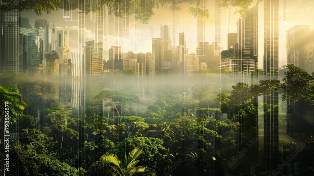 A lush rainforest canopy layered with a bustling cityscape skyline, creating a double exposure that reflects the impact of human development on nature.