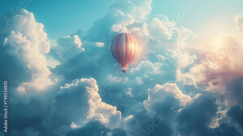 A light bulb shaped like a hot air balloon, floating amongst fluffy clouds that resemble thought bubbles.  photo
