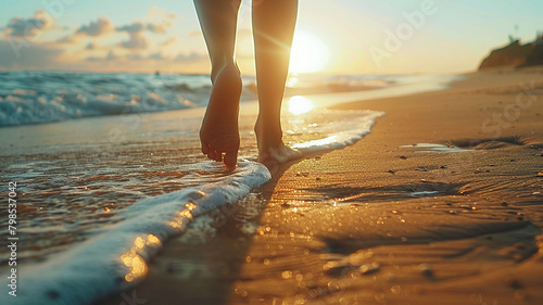 Close up of a woman's feet walking on the beach