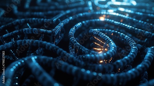 A maze constructed from DNA strands  where the path leads to a glowing double helix symbolizing the future of genetic engineering and technology.  