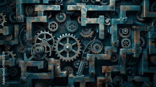 A maze constructed from interlocking gears and cogs, representing the intricate mechanics of technology and the challenge of finding a solution.   © EC Tech 