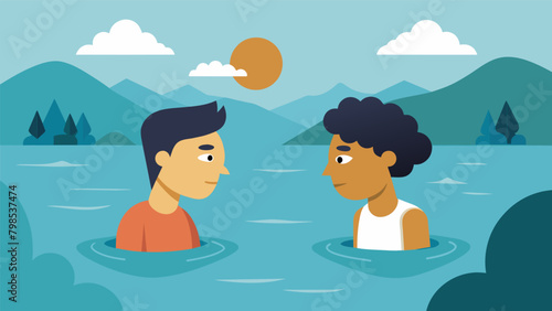 Two best friends navigated the still waters discussing their recent disagreement and finding a sense of calm and understanding in the process.. Vector illustration