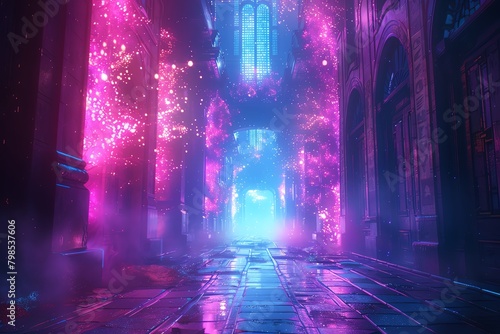 3Drendered magical alley with vibrant colors, futuristic elements, suitable for an imaginative wallpaper