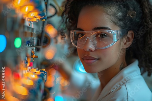 Ai engineering, female stem engineer using artificial intelligence to design micro electronics in the lab photo