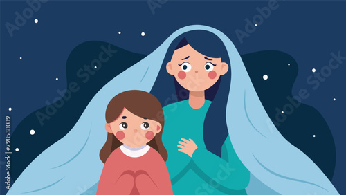 A mother and daughter cuddled under a blanket both with tears streaming down their faces as they share their deepest fears and thoughts about the. Vector illustration