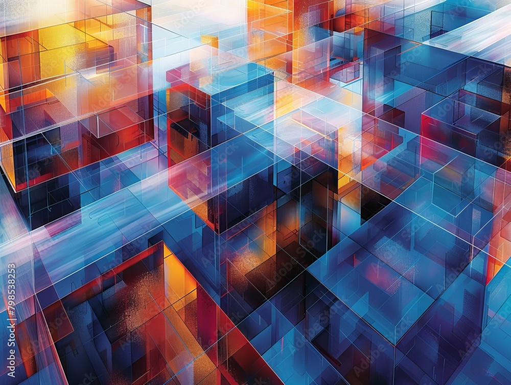 The image is of a colorful 3D rendering of a city. The buildings are made of glass and are arranged in a grid-like pattern. The colors of the buildings vary from blue to orange.