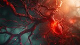A network of arteries branching out from a healthy heart, resembling a vibrant red tree with flowing blood as its lifeblood 