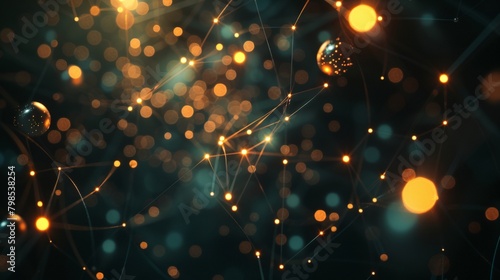 A network of glowing orbs suspended in a dark void, connected by shimmering threads of light, representing the interconnectedness of blockchain technology. 