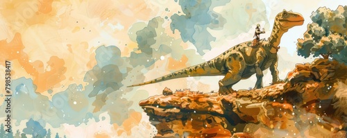 A brave dinosaur knight illustrated in watercolors photo
